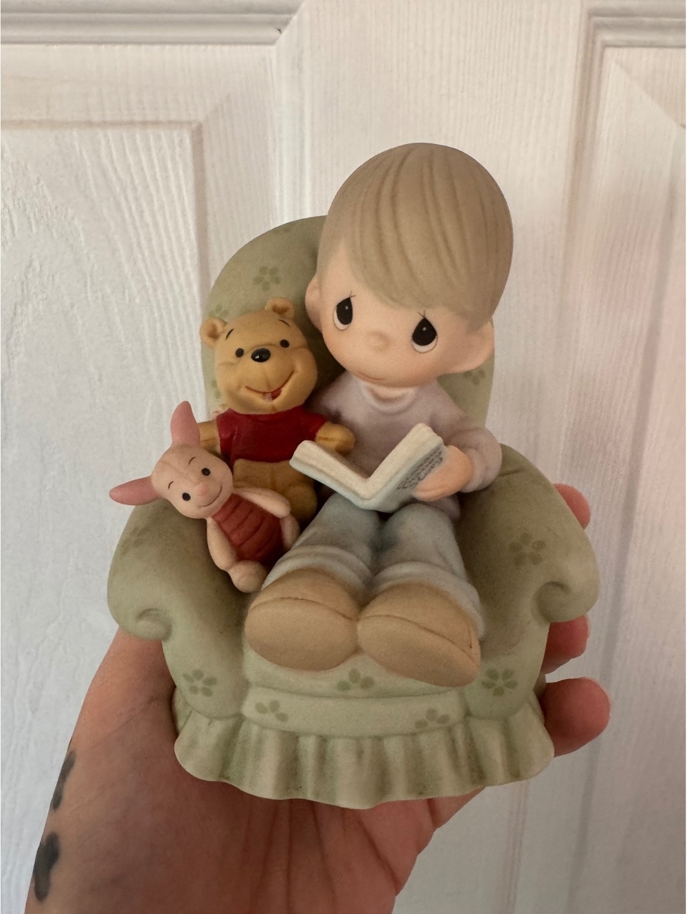 Precious Moments Figurine Boy Reading with Winnie the Pooh and Piglet in Chair